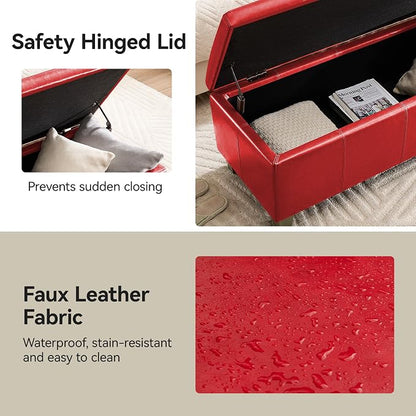 WUTUTUEE 41" Faux Leather Storage Ottoman, Stitch Tufted Rectangle Upholstered End of Bed Storage Bench, Entryway Large Couch Ottoman with Wooden Legs,Red