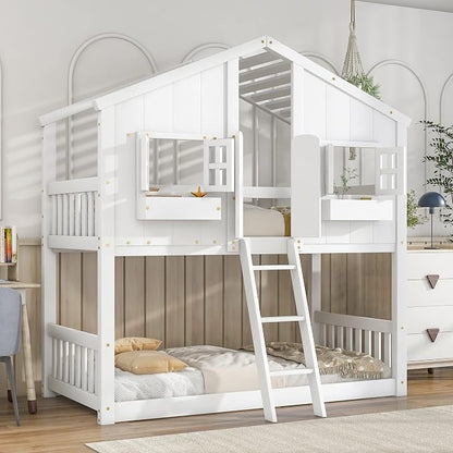 Twin over Twin House Bunk Bed with Roof,Windows,Door,Window Boxes,Safety Guardrails & Ladder,Pine Wood Frame,Low-Height Kids Bunk Beds for Bedrooms,Playful Loft Bed with Easy Assembly, White