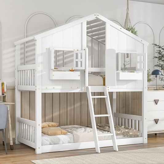 Twin over Twin House Bunk Bed with Roof,Windows,Door,Window Boxes,Safety Guardrails & Ladder,Pine Wood Frame,Low-Height Kids Bunk Beds for Bedrooms,Playful Loft Bed with Easy Assembly, White
