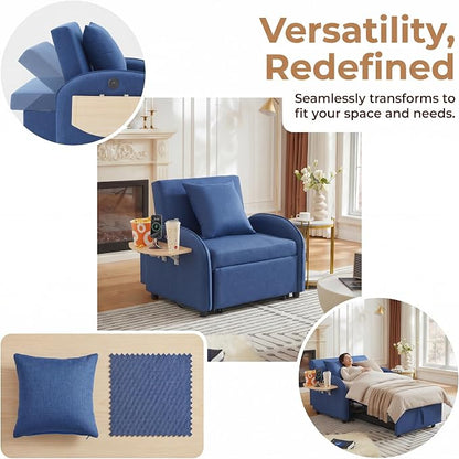 3-in-1 Convertible Sleeper Bed, Pull Out Single Sofa Bed with Adjustable Backrest, Foldable Recliner Sofa with Side Table & USB Port, Sleeper Chair for Living Room, Home Office, Blue
