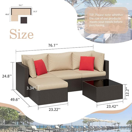 Shintenchi 5 Pieces Patio Furniture Sets Outdoor All-Weather Sectional Patio Sofa Set PE Rattan Manual Weaving Wicker Patio Conversation Set with Glass Table&Ottoman Cushion and Red Pillows, Beige