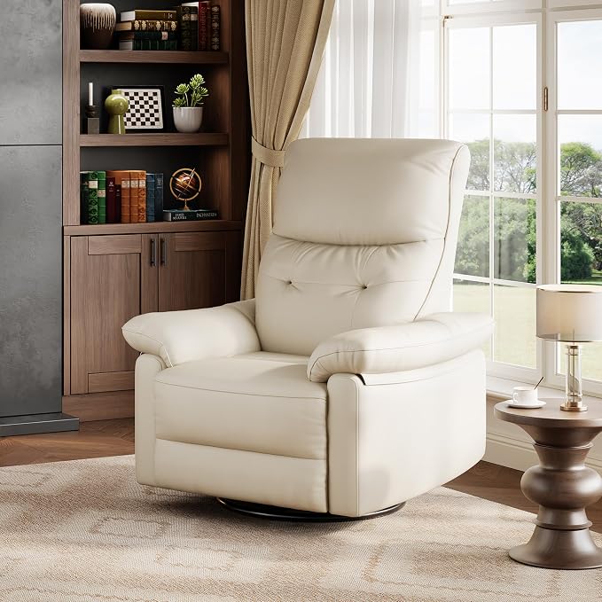 Power Recliner Chair, 270° Swivel Rocking Glider with USB Charging Port, PU Leather Upholstered Fabric and Button Tufted Backrest, Ergonomic Nursery Chair for Living Room (Beige)