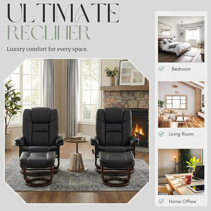 Swivel Recliner Chair with Ottoman Reclining Lounge Sofa Footrest, Set of 2 | 360°Sturdy Wood Base, Soft PU Leather, Upholstered Ultra-Plush Foam, Modern Armchair, Living Room Bedroom Office Reading Home