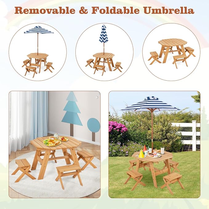 Costzon Kids Picnic Table, Fir Wood Octagon Kids Table and Chair Set with Removable Umbrella, Toddler Activity Table for Backyard, Garden, Patio, Kids Outdoor Furniture for Boys Girls (Natural)