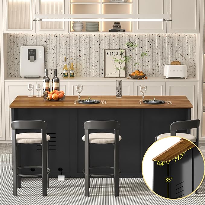 GDLF 75.6" W Large Kitchen Island with Storage and Fridge Space, Modern Kitchen Bar Island Table with Drawers and Trash Bin Space