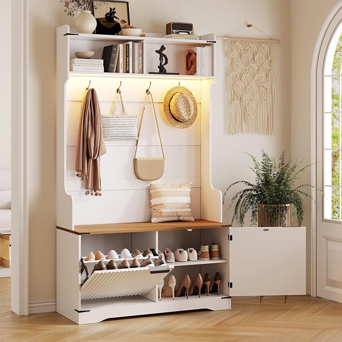 Maupvit Farmhouse Hall Tree with Bench and Shoe Storage, 4 Coat Rack with Shoe Storage Cabinet, 5-in-1 Entryway Organizer with Led Lights, Adjustable Shelves & Flip Drawers, Mudroom Seat Stool, White