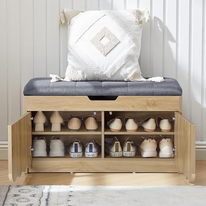 ORRD Shoe Storage Bench with Cushion, Entryway Shoe Cabinet Bench with 2 Scalloped Doors & Adjustable Shelf, 2-Tier Shoe Rack Organizer Cabine for Entryway, Hallway, Living Room (Natural)