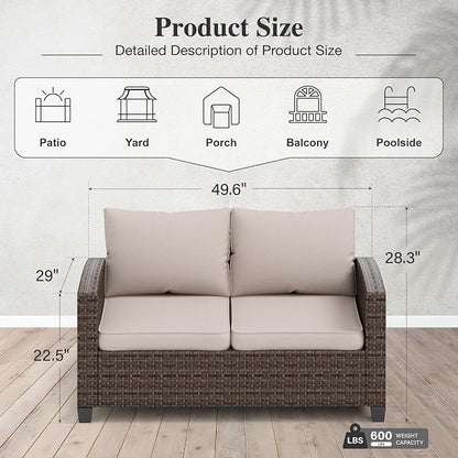 HERA'S HOUSE Outdoor Loveseat Patio Sofa, 2-Seat Wicker Couch with Waterproof Thick Cushions, Deep Seating Furniture for Garden Porch Backyard, Beige