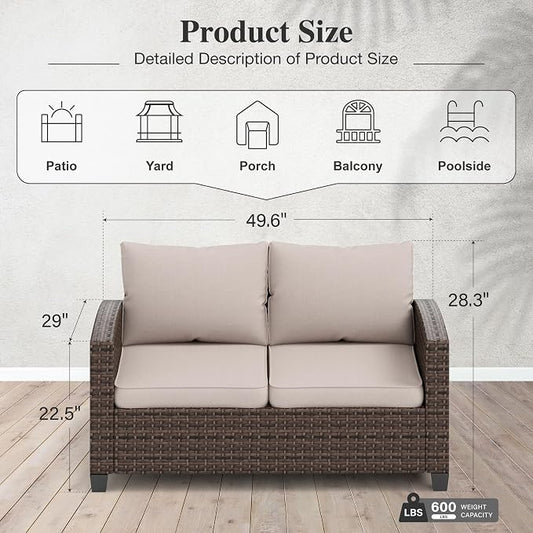 HERA'S HOUSE Outdoor Loveseat Patio Sofa, 2-Seat Wicker Couch with Waterproof Thick Cushions, Deep Seating Furniture for Garden Porch Backyard, Beige