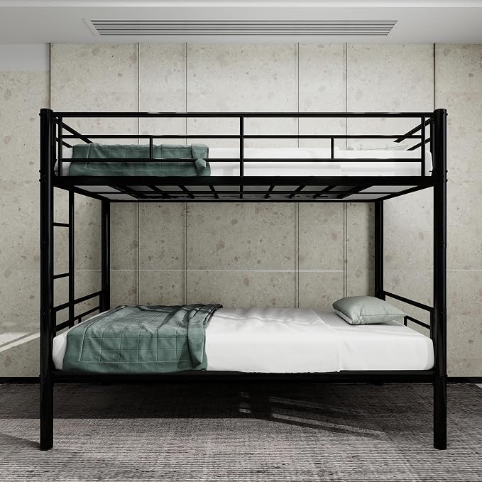 HRVEOCEI 2-Way Convertible Twin Over Twin Bunk Bed with Guardrail & Ladders, Metal Low Bunkbed for Kids Boys Girls, Heavy Duty, No Box Spring Needed, Space-Saving (Black, No Trundle)