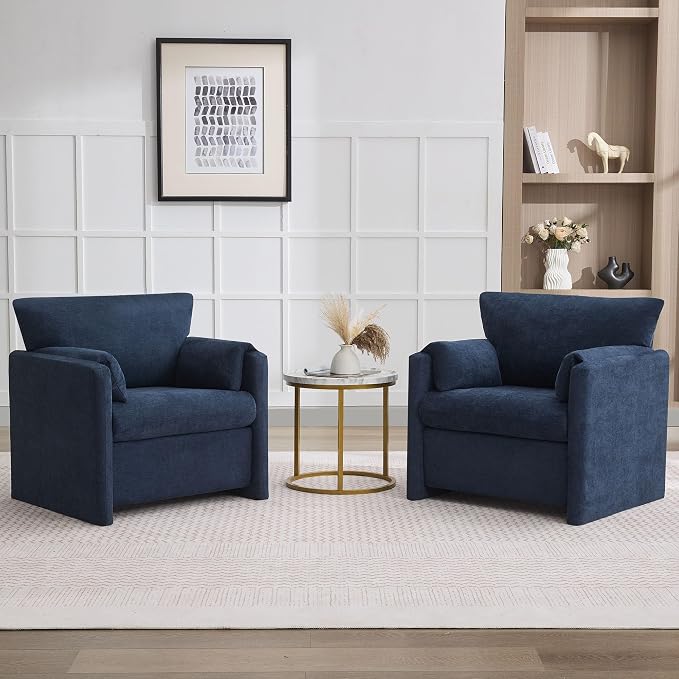 Oversized Accent Chair for Living Room, 32.68" Large Modern Armchair Set of 2 with Deep Seat, Mid-Century Comfy Reading Chair with Padded Arms, Chenille Single Sofa Chairs for Bedroom, Blue