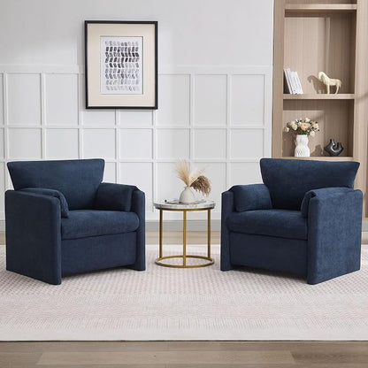 Oversized Accent Chair for Living Room, 32.68" Large Modern Armchair Set of 2 with Deep Seat, Mid-Century Comfy Reading Chair with Padded Arms, Chenille Single Sofa Chairs for Bedroom, Blue
