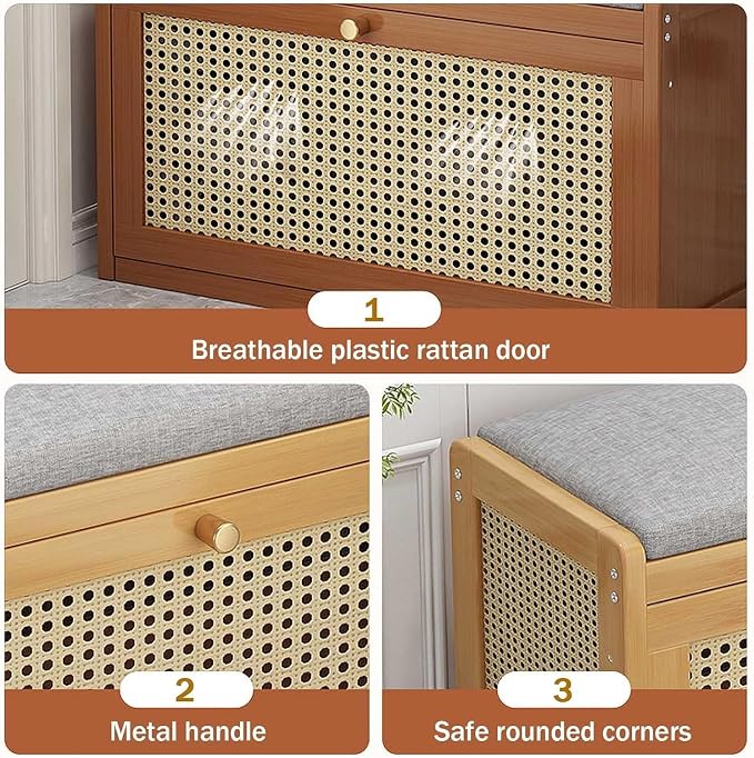 ELEFOCUS Shoe Storage Bench with Rattan Drawers - Slim Shoe Organizer Cabinet for Closet | Space-Saving Closed Shoe Rack (Size:50x25x45cm,Color:Brown)
