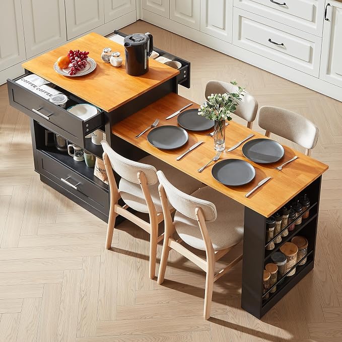 ONBRILL 76" Kitchen Islands with Extendable Dining Table, 2-4 Island Table with Double-Side Storage, Mobile Storage Islands Cart with Power Outlet & Spice Rack, Black
