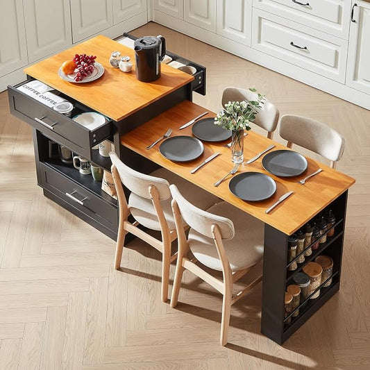 ONBRILL 76" Kitchen Islands with Extendable Dining Table, 2-4 Island Table with Double-Side Storage, Mobile Storage Islands Cart with Power Outlet & Spice Rack, Black