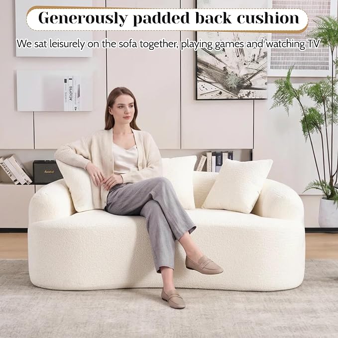 65" Curved Loveseat,Deep Seat Cloud Floor Couch with 3 Backrest,Cozy Chenille Fabric,Small Loveseat for Small Spaces,Bedroom,Office,Apartment (White, 65 Inch)