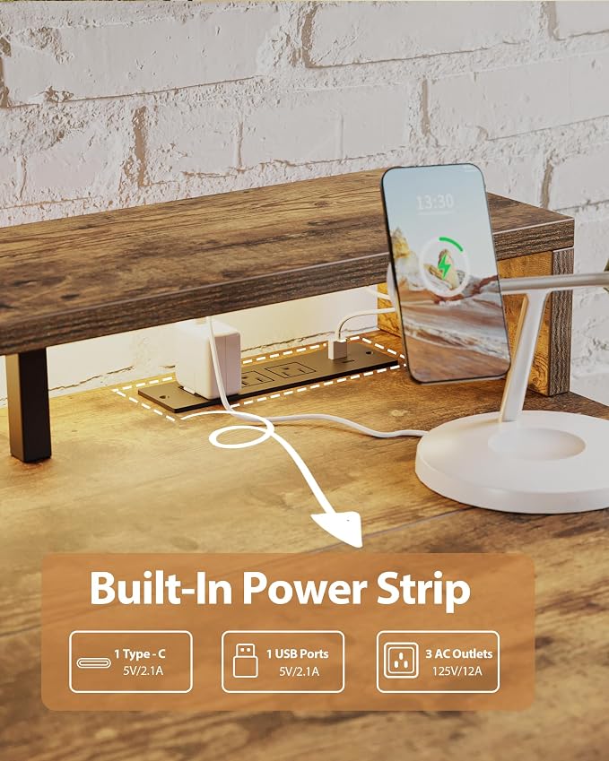 Agilestic 48x24 Inch Electric Standing Desk with Shelf, Height Adjustable Desk with Power Outlet & LED, Sit Stand Up Table with Monitor Stand, Computer Workstation, Rustic Brown