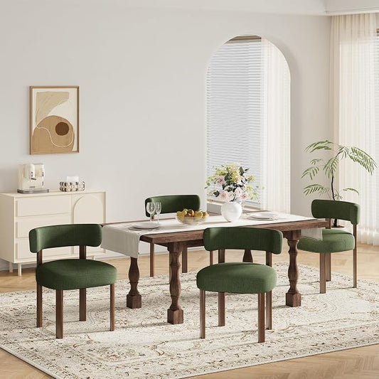 Wooden Dining Chairs Set of 4, Upholstered Kitchen Chairs with Solid Wood Legs, Mid Century Dining Room Chair with Ergonomic Curved Backrest for Kitchen Dining Vanity, Green