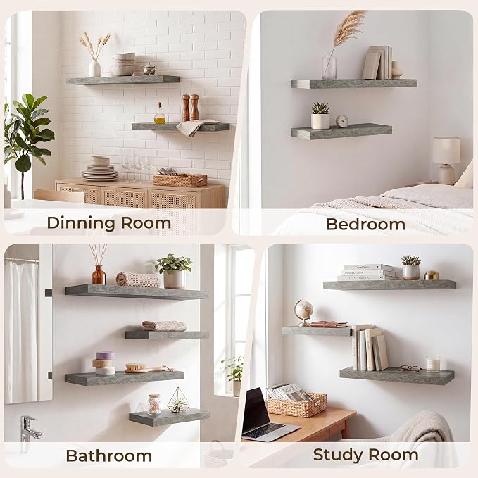 RICHFOCUS 28Inch Floating Shelves for Wall 2 Pack Shelves for Bedroom|Kitchen|Bathroom|Laundry Room Rustic Wood Wall Mounted Shelf with Invisible Brackets for Books|Storage|Decor, Grey