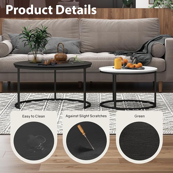 Otterease Nesting Tables Set of 2, 31.5" Round Coffee Table, Small Nesting Coffee Table with Adjustable Non-Slip Fee, Wood Grain Top Nesting Tables for Living Room, Bedroom (Wood Grain Black&White)