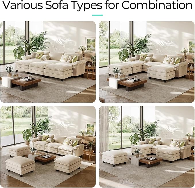 LINSY HOME 123'' Modular Sectional Sofa 3 Seat Couch Corduroy Cloud Couch with Deep Seat, Modern Cloud Couch with 3 Movable Ottoman for Living Room, Office, Bedroom, Beige