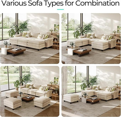 LINSY HOME 123'' Modular Sectional Sofa 3 Seat Couch Corduroy Cloud Couch with Deep Seat, Modern Cloud Couch with 3 Movable Ottoman for Living Room, Office, Bedroom, Beige