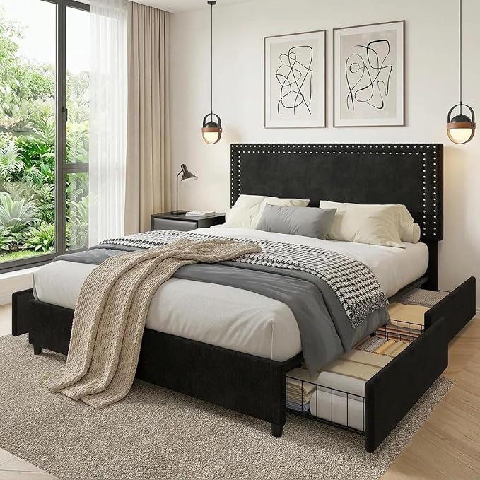 VECELO Queen Size Upholstered Bed Frame with 4 Storage Drawers, Adjustable Velvet Rivet Decor Headboard, Wooden Slats Platform Support, No Box Spring Needed, Easy Assembly,Black