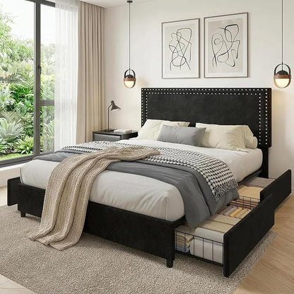VECELO Queen Size Upholstered Bed Frame with 4 Storage Drawers, Adjustable Velvet Rivet Decor Headboard, Wooden Slats Platform Support, No Box Spring Needed, Easy Assembly,Black