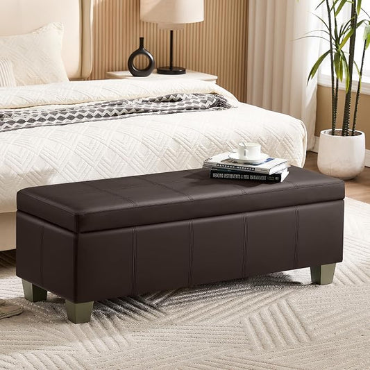 WUTUTUEE 51" Faux Leather Storage Ottoman, Stitch Tufted Rectangle Upholstered End of Bed Storage Bench, Entryway Large Couch Ottoman with Wooden Legs,Brown