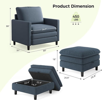 Welzona 3-Layers Cloud Accent Chair with Ottoman, 33" Comfy Reading Chair for Bedroom, Living Room, Tool-Free Assembly with Teddy Fabric Arm Chairs and Ottoman Set, Blue Grey, Removable Washable Cover
