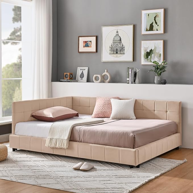 Bellemave Full Size Corner Bed Frame with Comfortable Backrest and Armrests, Velvet Tufted Corner Bed Frame Full Size, Upholstered Daybed for Bedroom, Living Room, Guest Room, Pink