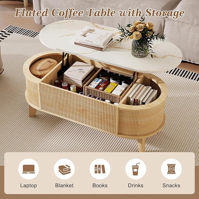 LYNCOHOME 43.3" Fluted Lift Top Coffee Table with Storage, White Faux Marble Top Center Table, Modern Oval Coffee Table for Living Room or Home Office（Elegant Light Oak, Natural）