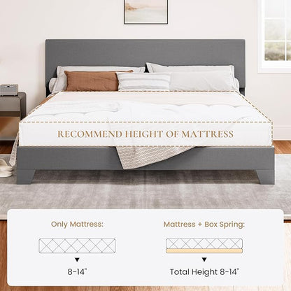 SHA CERLIN Linen Upholstered King Size Bed Frame with Headboard, Light Gray | Adjustable Low-Profile Platform Bed, Minimalist Design, Stable Mattress Foundation, Strong Back-Support, No Box Spring Needed