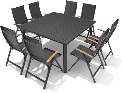 Pellebant 9 Pieces Aluminum Patio Table and Chairs Set - 57" Square Table and Foldable Chairs Outdoor Dining Set with Umbrella Hole, Weather Resistant Sturdy Frame for Deck, Porch & Backyard