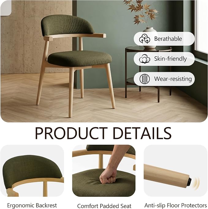 MOJAY Dining Chairs Set of 4 Natural Oak, Linen Green with Curved Armrests