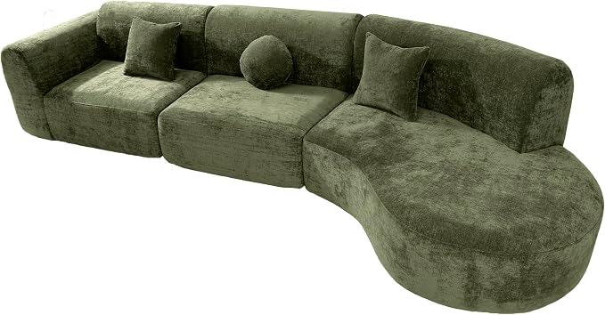 Merax 3-Piece 140" Sectional Modular Sofa Set, 4 Seat Curved Modern Cloud Couch with Chaise Lounge, 3 Pillows, Fully Assembled High-Density Compressed Sponge for Living Room, Green
