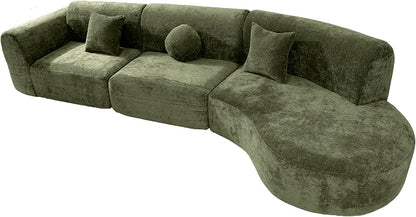 Merax 3-Piece 140" Sectional Modular Sofa Set, 4 Seat Curved Modern Cloud Couch with Chaise Lounge, 3 Pillows, Fully Assembled High-Density Compressed Sponge for Living Room, Green