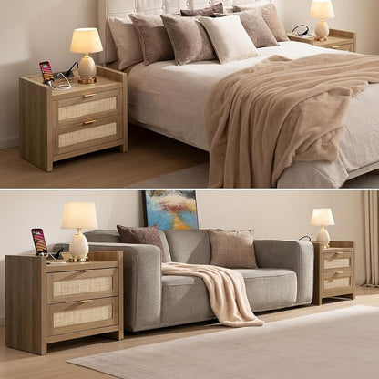 SICOTAS Bed Night Stand Set of 2 - Rattan Nightstands with Type-C Charging Station, 2 Storage Drawers - Boho Bedside Tables End Table for Small Space - Natural Oak