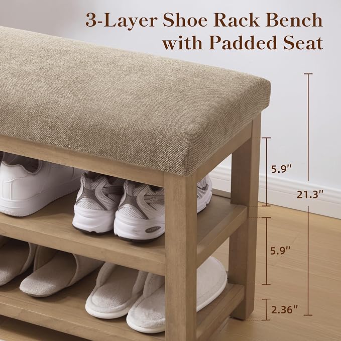 Zihanhome 2 Tier Shoe Rack Bench with Cushion, Solid Wood Shoe Benches, Mid-Century Modern Shoe Storage Bench for Entryway, Hallway, Living Room, Closet, Front Door Entrance, (Brown, 31.5")