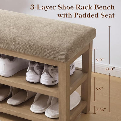 Zihanhome 2 Tier Shoe Rack Bench with Cushion, Solid Wood Shoe Benches, Mid-Century Modern Shoe Storage Bench for Entryway, Hallway, Living Room, Closet, Front Door Entrance, (Brown, 31.5")