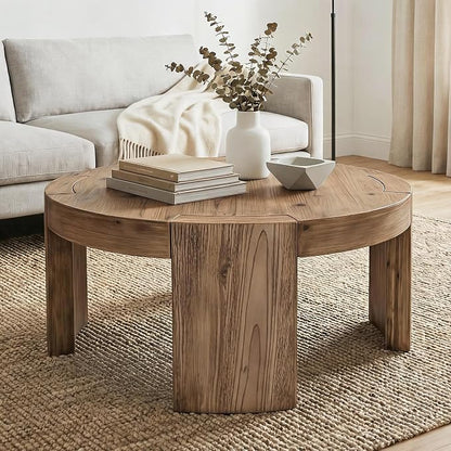 Solid Wood Round Coffee Table, 31.5-Inch Farmhouse Circle Center Cocktail Tea Table for Living Room, Wood Home Living Room Furniture, Easy Assembly, Light Brown