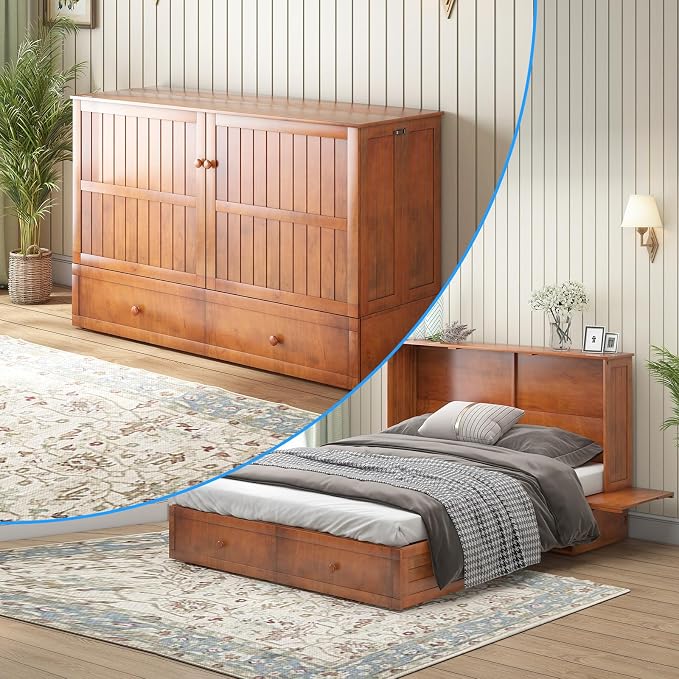 PUREMIND Queen Murphy Bed with Mattress Included, Murphy Cabinet Bed with Storage Drawer, Built-in Charging Station, Solid Wood Frame, Space-Saving Cabinet Beds for Small Spaces/Guest Room (Cherry)