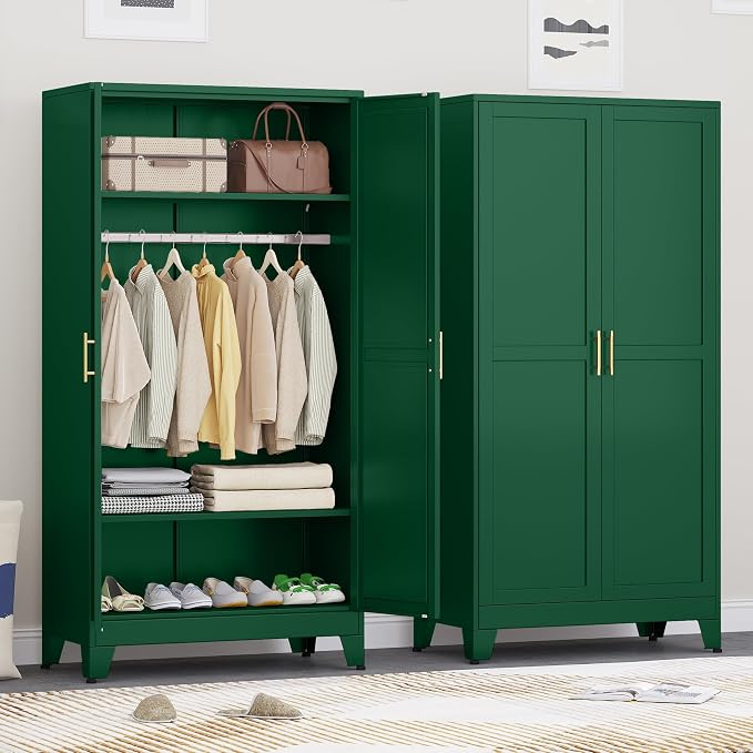 Ckzbx 71" H Metal Armoire Wardrobe Closet, Adjustable Shelve, Clothes Drying Pole, Steel Wardrobe Cabinet for Bedroom (Green)