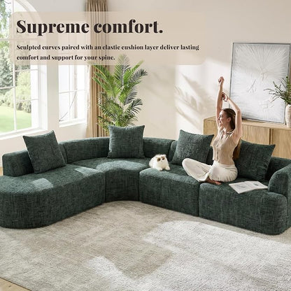 123" Curved Modular Sectional Sofa for Living Room, Oversized Chenille Cloud Couch, L-Shaped Boneless Sofa with Chaise Lounge, Compressed Couch Deep Seat, No Assembly (Green, L-Shape Left Chaise)