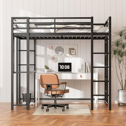 Shintenchi Loft Bed Twin Size with Desk and Storage Shelves, Frame with 2 Side Ladders for Kids, Teens Adults, Spcace-Saving Noise-Free and Anti-tilt Design, Black