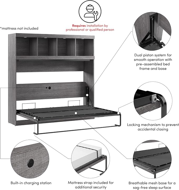 Bestar Full Size Horizontal Murphy Bed with Storage and Charging Station, 80-inch, for Bedroom or Guestroom, Pur Collection, Modern, Gray