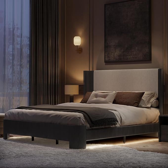 King Size Upholstered Platform Bed Frame with Wingback Headboard, Motion-Sensing LED Lights, Sturdy Slats, Mattress-Lock Footboard, PU Leather,No Box Spring Needed, Easy Assembly, Dark Grey Oak