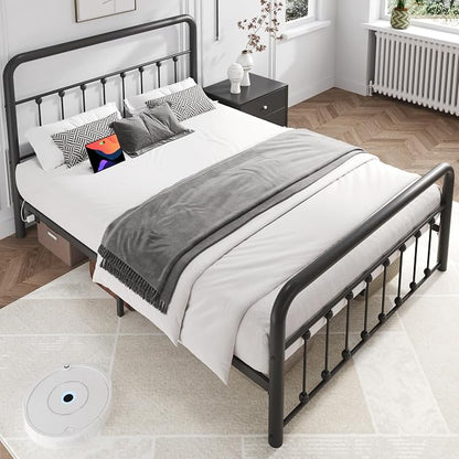 Fluest 14 Inch Queen Bed Frame Classic Metal Platform Bed Frame with Charging Station & LED, Victorian Style Iron-Art Headboard/Footboard, Under Bed Storage, No Box Spring Needed, Noise Free