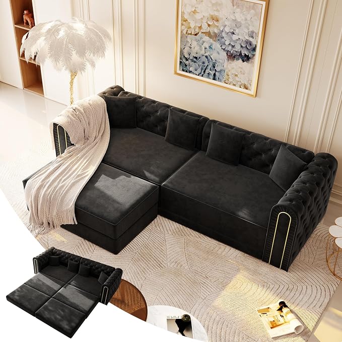 90.6'' Futon Sofa Bed, Chesterfield Velvet Sleeper Sofa, Convertible Floor L-Shaped Couch, Tufted Back, 4 Pillows, Gold Edge Trim, Deep Loveseat Couches for Living Room, Apartment, Gold Black