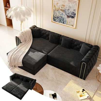 90.6'' Futon Sofa Bed, Chesterfield Velvet Sleeper Sofa, Convertible Floor L-Shaped Couch, Tufted Back, 4 Pillows, Gold Edge Trim, Deep Loveseat Couches for Living Room, Apartment, Gold Black